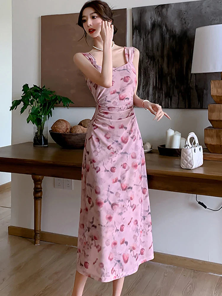 vmtvr 2024 Pink Floral Mesh Chic Sling Long Dress Summer Elegant Casual Beach Sundress Women Korean Fashion Bodycon Party Night Dress