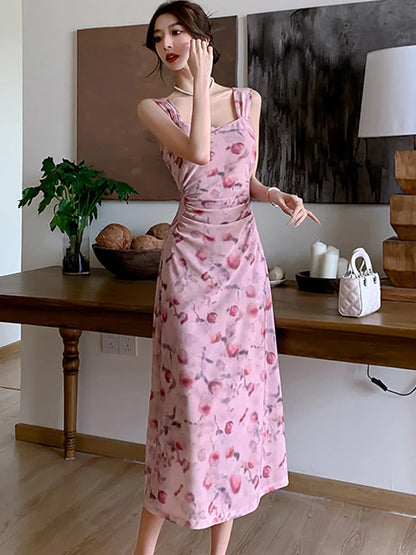 vmtvr 2024 Pink Floral Mesh Chic Sling Long Dress Summer Elegant Casual Beach Sundress Women Korean Fashion Bodycon Party Night Dress