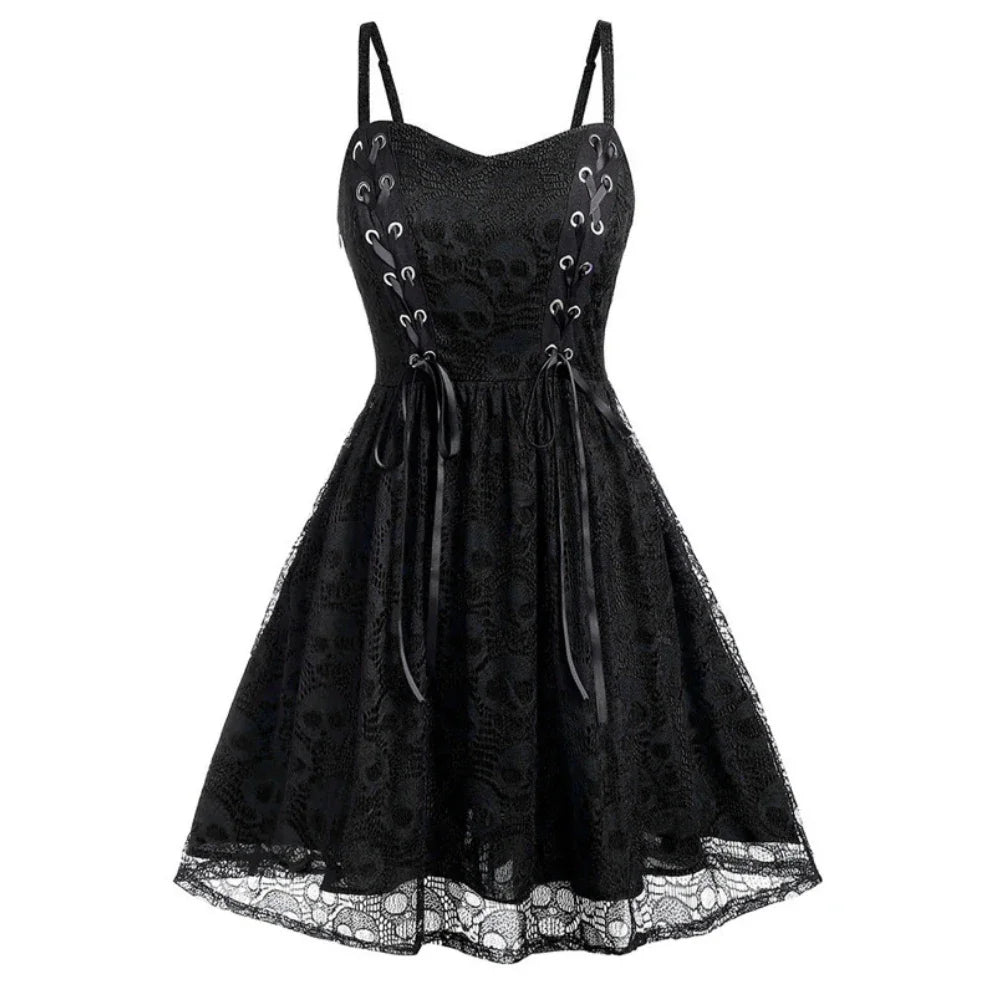 vmtvr  -  Women's Sleeveless Punk Dress Camisole Skull Print Lace Swing Dress Halloween Spaghetti Strap Steampunk Dress Goth Clothes