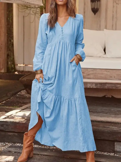 vmtvr  -  Autumn and Winter Women's Clothing V-Neck Button Cotton Linen Retro Casual Long Sleeves Large Swing Long Dresses