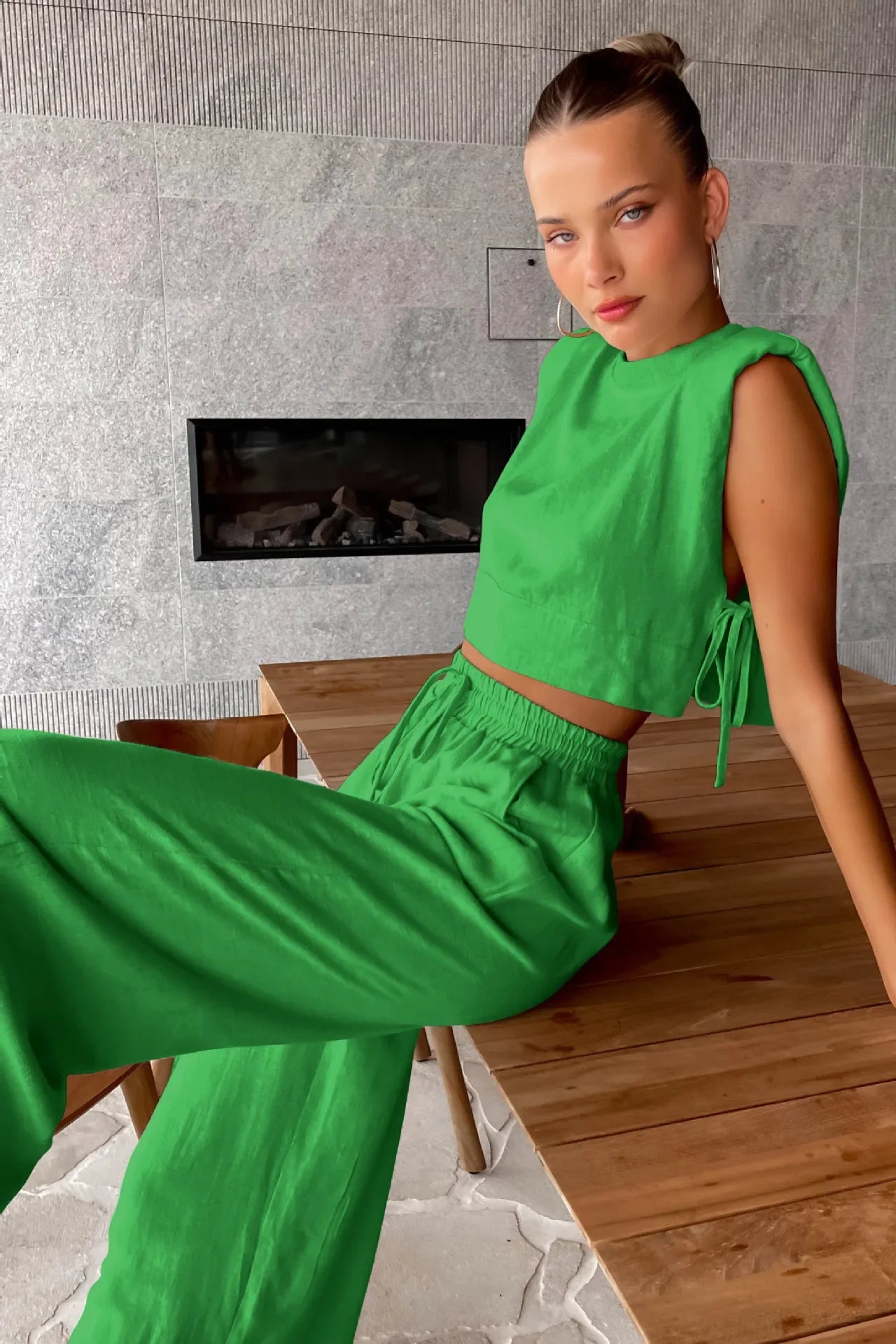 vmtvr Women's Cotton Linen Pants Set Summer Women's Loose Shoulder Pads Side Slit Sleeveless Top Casual Pleated Wide Leg Pants Suit