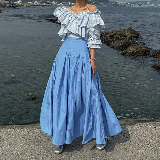 vmtvr Elegant Women Long Pleated Skirts For Female Casual Loose A-Line High Elastic Waist Maxi Skirt 2024 Spring Summer