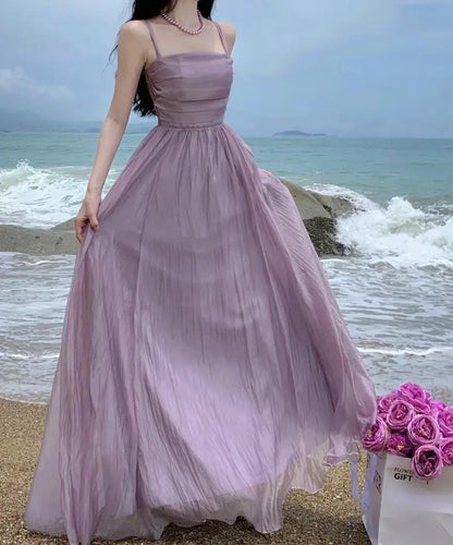 vmtvr  -  Vintage Spaghetti Strap Purple Long Dresses for Women Summer Sexy Tulle Pleats Fairy Evening Party Backless Female Clothing