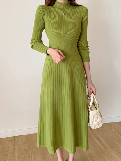 vmtvr - Autumn Winter  Slim Long Sleeve Party Midi Dress for Women Knitted Half High Collar Elegant Knitted Sweater Dresses Ladies