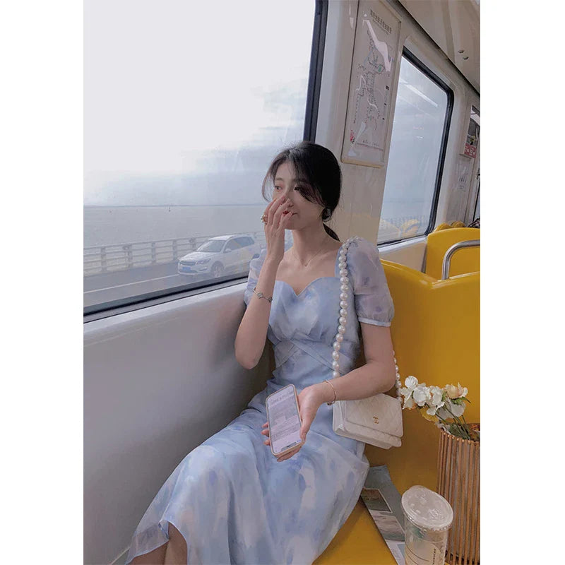 vmtvr Vintage Floral Dress Women Tie Dye Print A Line Midi Dress Summer Ladies Elegant Puff Sleeve Slim Square Collar Vestidos