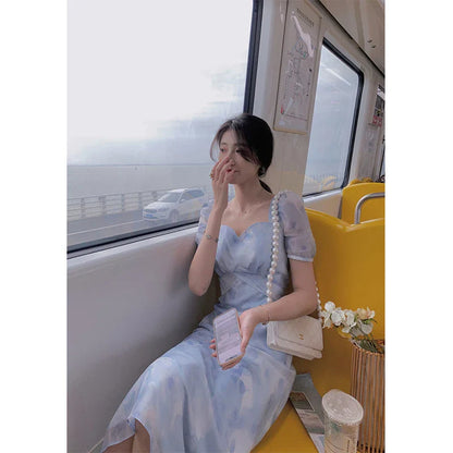 vmtvr Vintage Floral Dress Women Tie Dye Print A Line Midi Dress Summer Ladies Elegant Puff Sleeve Slim Square Collar Vestidos