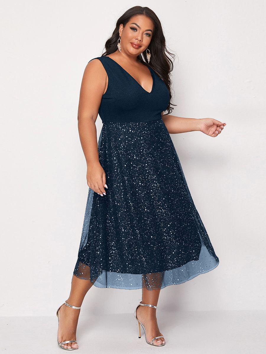 Plus Size 4XL Dress for Women Blue Elegant Midi Curvy Chiffon Clothing 2023 Summer Autumn Ladies Cocktail Evening Party Dresses