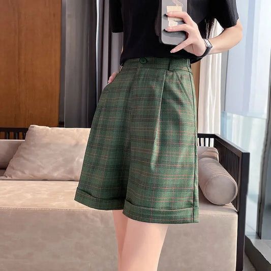 vmtvr Korean Women Clothing Green Plaid Shorts Harajuku Summer New Solid Fashion Loose Vintage Casual High Waist Sports Short Pants