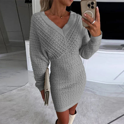 vmtvr Women Solid Hollow Knitted Pullover Dress Autumn Sexy Double V-neck Backless Office Dress Winter Batwing Sleeve Slim Party Dress