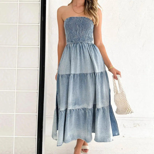 vmtvr  -  New Elegant Holiday Strapless Long Dress for Summer Vestidos Hem Stitching Side Split Fashion Women Denim Long Dress