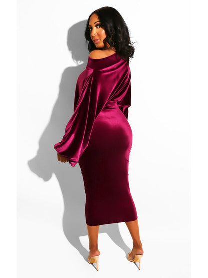 vmtvr - Autumn Elegant Velvet Evening Dress Women Sexy One Off Shoulder Long Sleeve Bodycon Party Midi Dress 2022 Winter Clothes