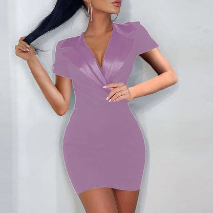vmtvr Women Elegant V Neck Draped Mini Short Dress Spring Solid Slim Bodycon Party Dress Summer Short Sleeve Commuter Lady Dress Mujer