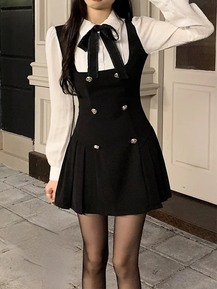 Fake Two Dress Women Slim Chic Long Sleeve Bow Casual Y2k Mini Dress Female Korean Fashion Elegant Short Party Dress