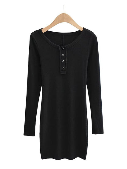 vmtvr - Women Fashion Slim-fit Solid Mini Dress Vintage O-Neck Long Sleeves Single Breasted Female Chic Lady Dresses