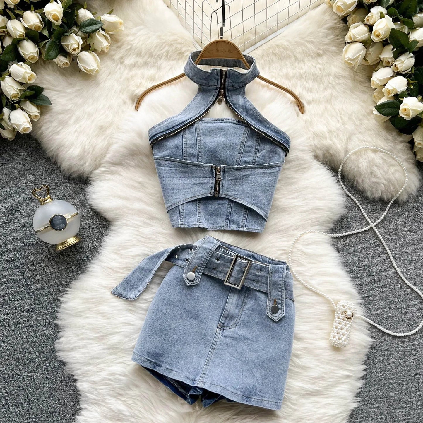 vmtvr  -  Denim Mini Skirt Suit Backless Hanging Neck Short Top Summer Denim Short Skirt Two Piece Sexy Streetwear Clubs Party Dresses New