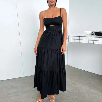 vmtvr Casual High Waist Pleated Beach Dresses Sexy Low Cut Hollow Club Party Dress 2024 Summer Simple Solid Sleeveless Suspender Dress