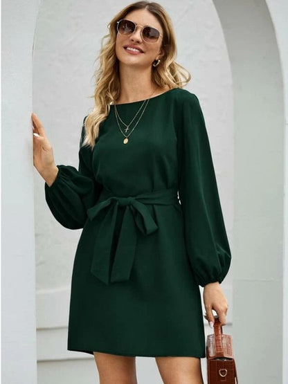 Women Midi Dress Fashion Comfortable Atmosphere Drawstring Lantern Sleeve Mini A-line Skirt Dress Summer New