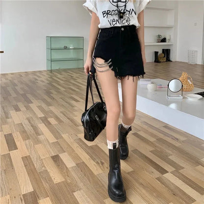 vmtvr Summer Harajuku Chain Denim Shorts Fashion High Waist Hollow Out Shorts Women Jeans Casual A-line Pants Sexy Streetwear Shorts