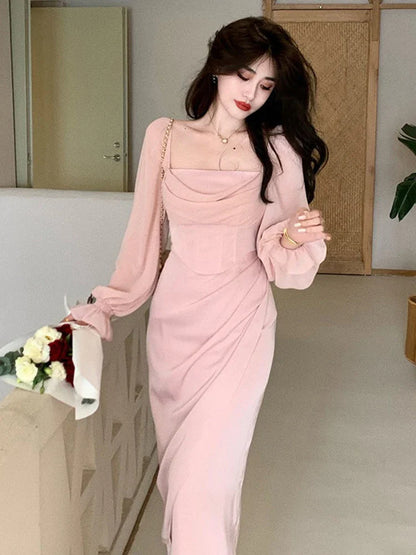 2024 Solid Elegant Fairy Dresses Women Casual Party Fashion Korean One Piece Dress Female Lace Vintage Chic Midi Dresses