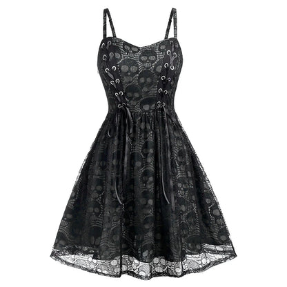 vmtvr  -  Women's Sleeveless Punk Dress Camisole Skull Print Lace Swing Dress Halloween Spaghetti Strap Steampunk Dress Goth Clothes