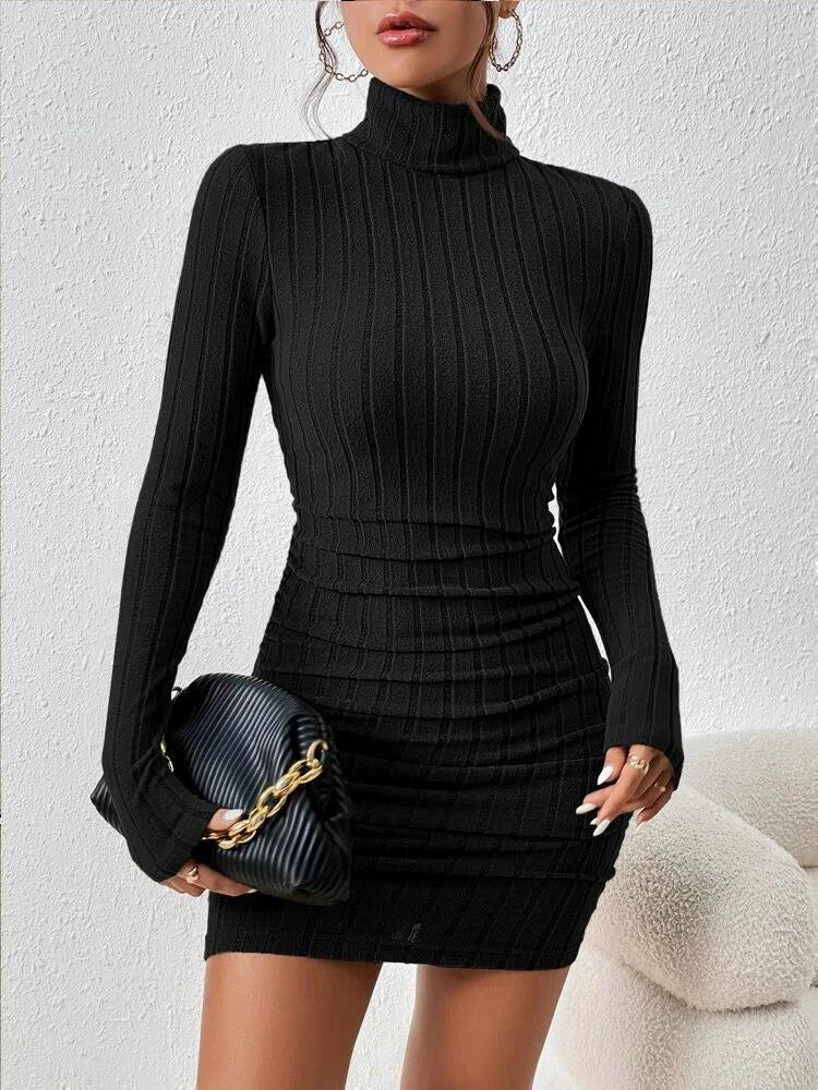 vmtvr Autumn Black Mini Dress For Women Solid Long Sleeves Turtleneck Sexy Bodycon Sheath Dress Club Elegant Party Dresses Female New