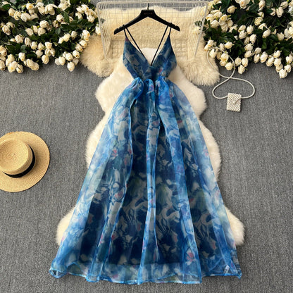 Elegant Sexy Backless puff cut out v neck Dress Fairy A-line Summer Vacation Slim Women Evening Party slip dresses