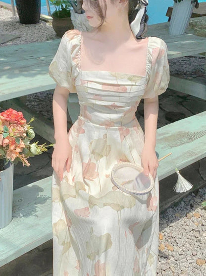 vmtvr French Elegant Floral Midi Dress Women Casual Puff Sleeve Even Party Dress Beach Style Fashion Dress Korean Chic Summer