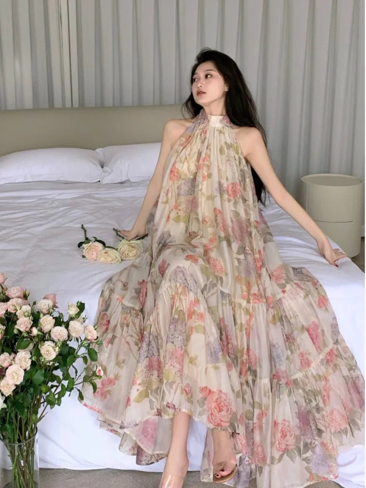 Summer Women Elegant Floral Print Maxi Dresses New Fashion Sleeveless Loose Ruffle Y2k Dress Beach Birthday Party Robe