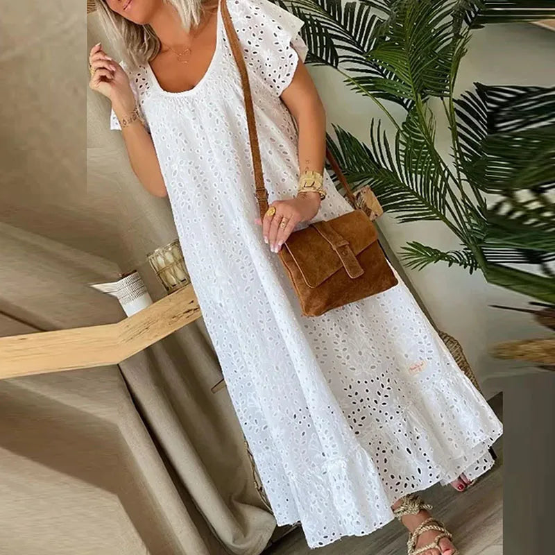 Fashion O-neck Ruffled Long Dress 2024 Elegant Lace Crochet Hollow Loose Party Dress Women Casual Short Sleeve Solid Maxi Dress