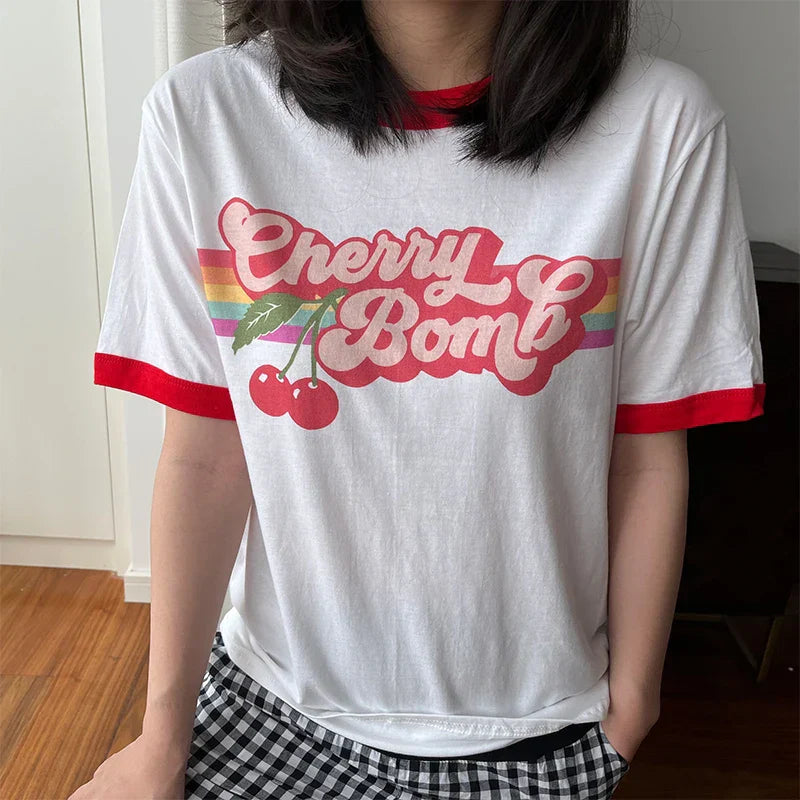 -Retro sports style outfit streetwear 90s fashion Vintage Cherry Bomb Printing Ringer Tees Short Sleeve Loose Cotton 80s 90s T Shirts Women Crewneck Ins Fashion Aesthetic Shirts