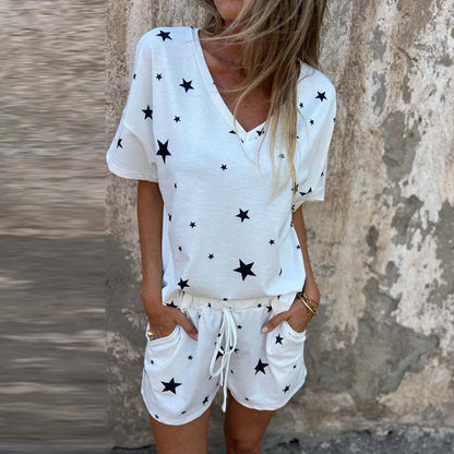 vmtvr 2024 Spring Summer Stars Print Beach Suits Women V-neck Top and Lace-up Shorts Outfits Casual Short Sleeve T-shirt Sets Harajuku