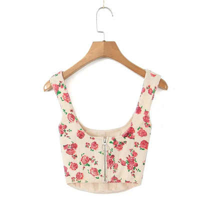 vmtvr Women French Style Floral Print Knit Camis Sexy Sleeveless Zipper Back Ladies Summer Tank Crop Top