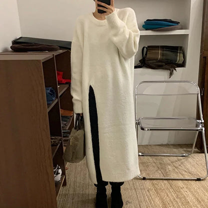 vmtvr Women's Side Split Knitted Sweater Dress Autumn Winter Solid Design Woolen O-Neck Long Sleeve Dress Loose Fashion Midi Robe