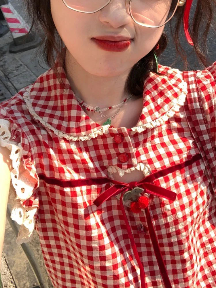 -Red Plaid Lolita Kawaii Blouse Women Flying Sleeve Japanese Sweet Elegant Shirts Female Lace Korean Casual Clothes Summer