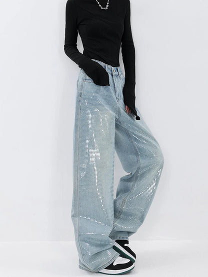 vmtvr Heavy Sequins Jeans for Women 2024 Summer New Fashion Retro High Waist Loose Casual Straight Denim Pants Wide Leg Pants