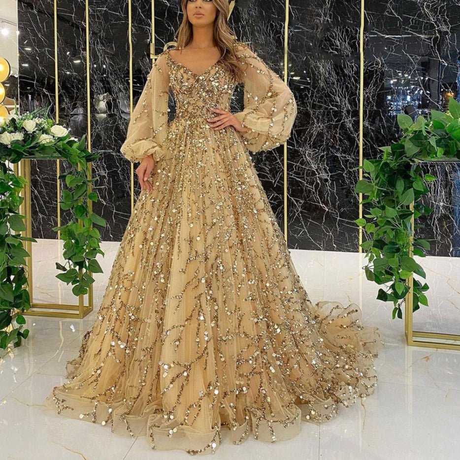 Luxury Gold Sequins Beads Prom Dresses Long Puff Sleeves A-line Wedding Woman Party Evening Gown Custom vestidos de fiesta