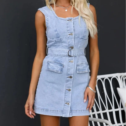 vmtvr  -  Spring Summer New Women's Clothing Solid Color Casual Slim Denim Sleeveless Dress Sexy Mini Dress