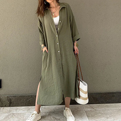 vmtvr  -  Spring Casual Solid Lazy Long Shirt Dress Women Single Breasted Split A-Line Party Dress New Autumn Long Sleeve Lady Party Dress