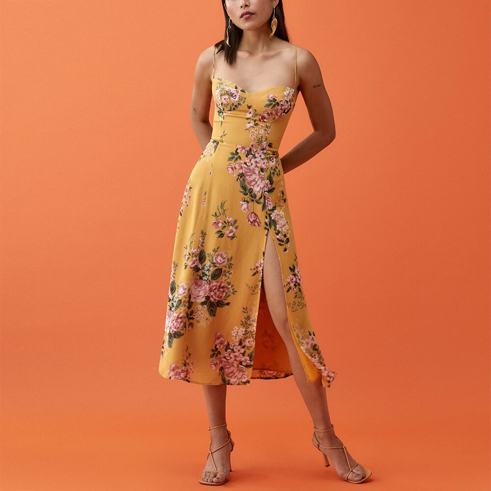 vmtvr Summer Dresses For Women Elegant Vintage Floral Print Dress Sweetheart Neck Spaghetti Strap Midi Dress With Slit Sundress