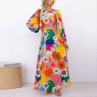 Vestidos Ladies Elegant Flower Print Sexy Slim Hollowed Out Bareback Maxi Dresses Autumn Women O-neck Lantern Sleeve Party Dress