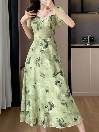 New Women Vintage Floral Print Midi Green Dress Elegant Chic A-Line Party Evening Clothes Female Fashion Casual Vestidos Robe