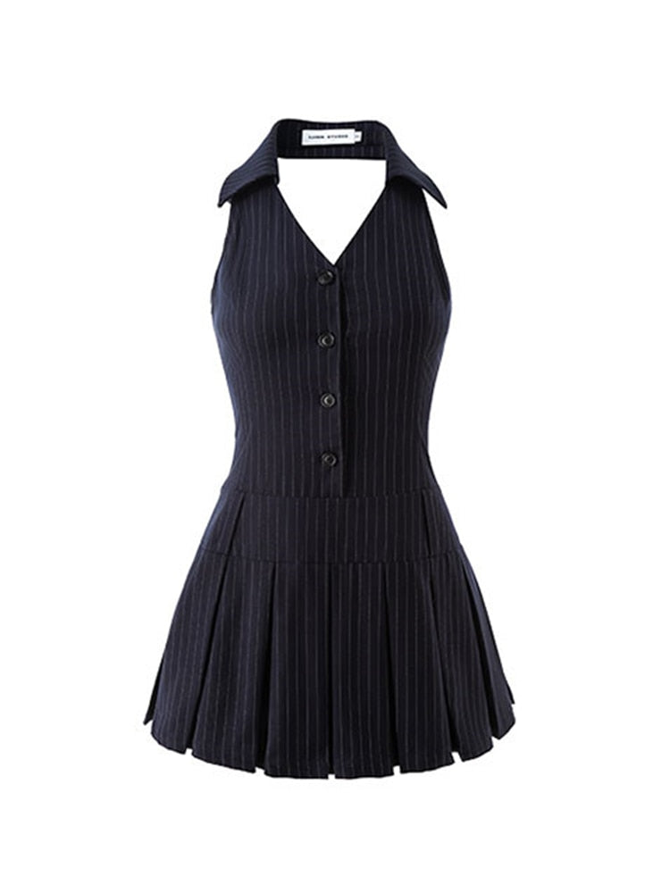 Summer Women Fashion Mini Halter Party Pleated Dress A-line Backless Black Striped V Neck Frocks Sexy Gyaru Y2k Streetwear Prom