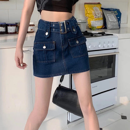 vmtvr Y2K Women High Waist Denim Skirts Korean Retro Belt Mini Skirts Summer Casual Female Streetwear A Line Jeans Skirts