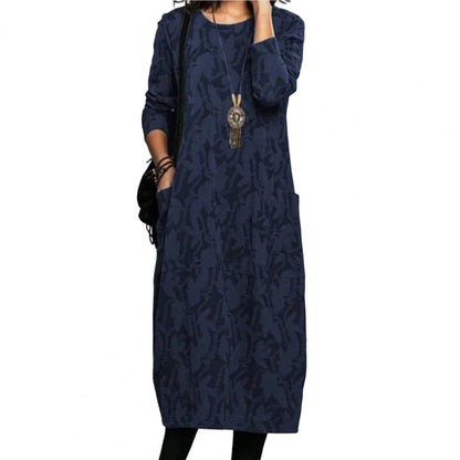 Women Midi Dress for Women  Vintage Print Long Sleeves Crew Neck Dress Spring Autumn Loose Double Pockets Dress Streetwear