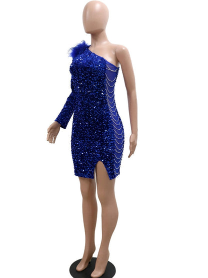 vmtvr - Elegant Single Shoulder Feather Mini Dress Glitter Long Sleeve Sequins Short Party Dress Birthday Outfits Female Robes