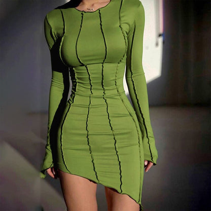 vmtvr - 2024  Club Striped Y2K Mini Bodycon Party Dress Autumn Irregular O Neck Women Long Sleeve Club Dress Fall Dress