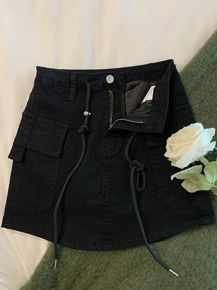 vmtvr Fashion Korean Denim Mini Cargo Skirt Women Summer High Waist Drawstring Big Pockets Jeans Skirt Preppy Style Casual Skirts