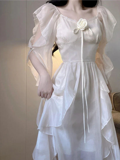 vmtvr White Korean Elegant Dress Women Summer Chiffon Vintage Fairy Dresses Female Ruffles Korean Style Fashion Princess Dresses