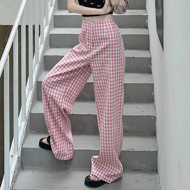 vmtvr High Waist Women Pink Plaid Pants Summer Fashion Streetwear Loose Wide Leg Pants Y2K All Match Female Straight Trousers