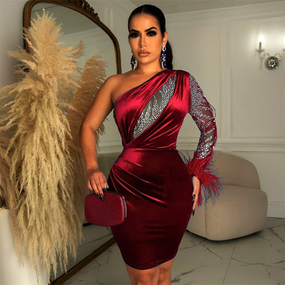 Sexy Feather Hot Rhinestone One Shoulder Party Club Mini Dress Women Velvet  Long Sleeve Backless Elegant Outfit Evening Dresses